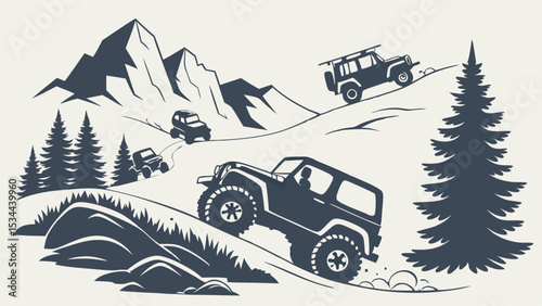 Monochrome Off-Road Mountain Adventure Illustration Four 4x4 Vehicles Climbing Hills Pine Trees Vintage Style Outdoor Landscape Drawing