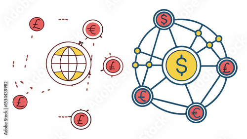 Flat illustration global financial network international money transfer world currencies