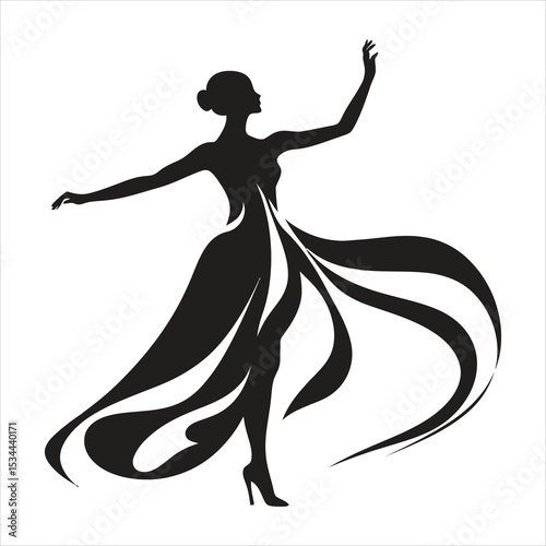 Elegant Black Silhouette Woman Dancing Flowing Dress High Heels White Background vector