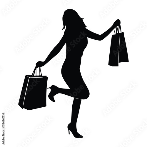 Silhouette Woman Shopping Bags Happy Joyful Black White Female High Heels vector