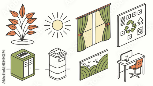 Isometric Line Art Icons Illustration Mixing Nature, Home Office, and Technology Elements Plant, Sun, Window, Computer, Server, Bin, Digital Interface Screen