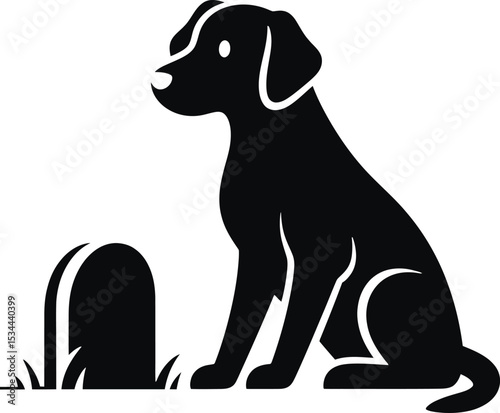 Dog Sitting by a Grave A Simple Silhouette Illustration