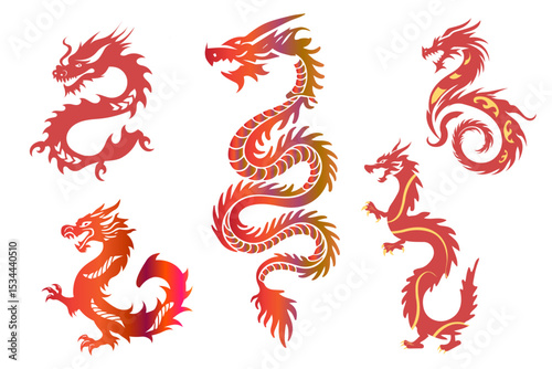Traditional Red Chinese Dragon vector illustration set. 2025 chinees dragon new year symbol. Zodiac Symbol design. Vector template for greeting card, poster, invitation