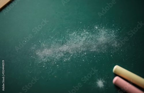 Abstract chalk rubbed on blackboard background. Textured surface with chalk dust. Education concept, classroom, school. Chalk sticks. Blackboard template for text design.
