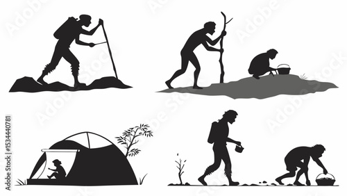 A Set of Four Black and White Silhouettes Illustrating Various Outdoor Adventure Activities Including Hiking Trekking Camping Foraging and Gathering in Nature