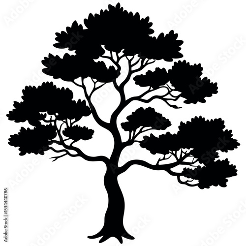 Black Silhouette Juniper Tree Line Art Bushy Branches