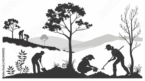 Community Reforestation Effort Black and White Silhouette People Planting Trees Hilly Landscape