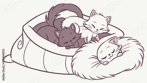 Simple Line Art Illustration Of Adorable Grey And White Sleeping Kittens Napping Together In A Basket And Curled Up Outside Cute Cozy Cat Nap Time Drawing Artwork Image Picture