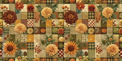 Vibrant autumn floral patchwork design with sunflowers and warm earthy tones.