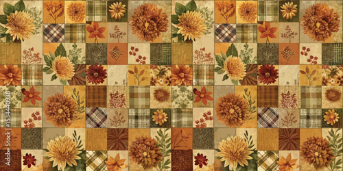 Colorful patchwork pattern with floral designs in autumn hues.