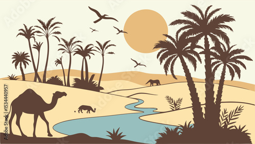 Scenic Desert Oasis Silhouette Illustration with Tall Palm Trees, Lone Camel, Desert Wildlife, Winding River, Setting Sun, and Sand Dunes.