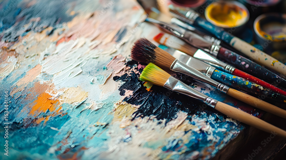 Fototapeta premium Displaying a set of artist brushes, paints, and a canvas, capturing the essence of creativity and art
