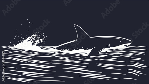 Dynamic Black and White Engraving Style Illustration of a Powerful Shark Breaching Ocean Water with a Dramatic Splash