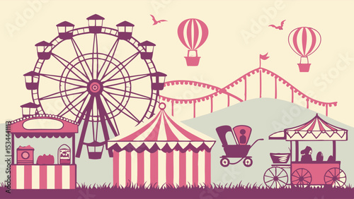 Vintage Carnival Amusement Park Illustration with Ferris Wheel Roller Coaster Rides Striped Tents Stalls and Hot Air Balloons