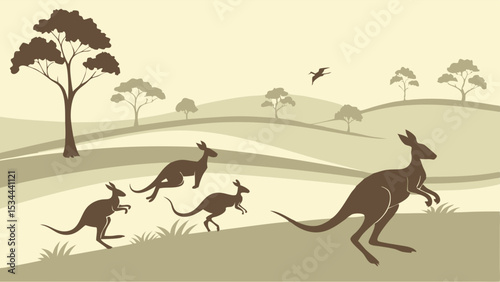 Stylized Sepia Tone Illustration of Australian Kangaroos Hopping Through Rolling Hills Outback Landscape Wildlife Scene Art Print