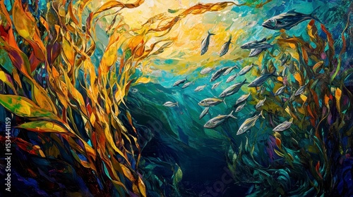 Vibrant underwater painting of kelp forest and fish school.