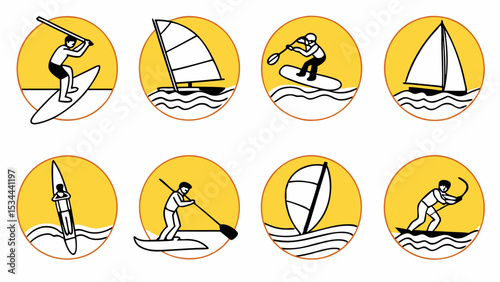 Simple Line Art Water Sports and Boating Icons Set Yellow Circles Illustrations Featuring Sailing Windsurfing Paddleboarding Kayaking and More Water Activities