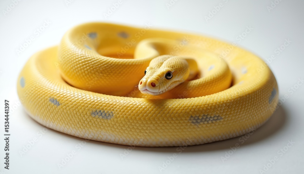 Fototapeta premium Yellow python snake coiled studio shot, white background. Pet reptile animal. Exotic wildlife creature. Ball python coiled up macro closeup. Yellow reptilian scales pattern.