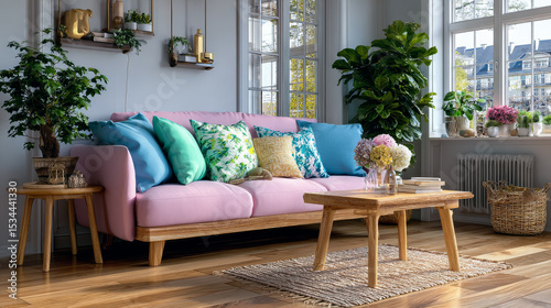 Bright pastel-themed small apartment interior, cozy modern living room with blush pink sofa, mint green pillows, light wood furniture, soft natural lighting, large cheerful text overlay area