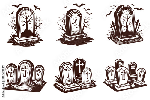 Tombstones gravestones silhouette vector illustration isolated on white background.