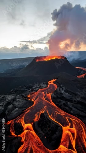 Dramatic aerial view of flowing lava rivers emanating from an active volcano crater.