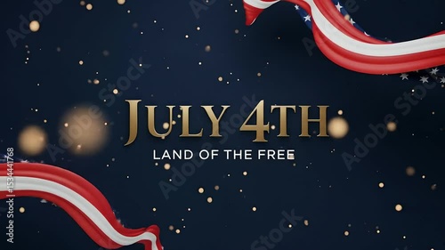 July 4th celebration with gold text & waving American flags on dark background. Perfect for Independence Day greetings, events promotion, patriotic projects & social media.