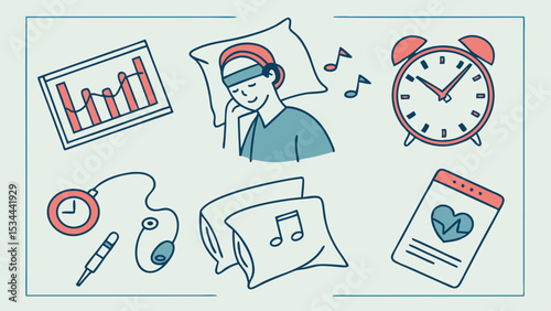 Line Art Illustration Depicting Sleep Health Tracking, Data Analysis, Music Listening for Better Rest, Wellness, and Monitoring