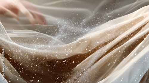  A close-up macro digital painting in modern Chinese ink and watercolor style, showing a stream of flour being dusted through the air onto a stretched sheet of pastry dough. 