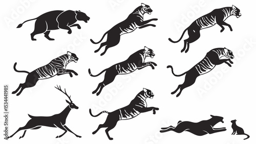 Dynamic Black and White Silhouette Illustration of Tigers, Panthers, and Deer Running, Leaping, and Hunting