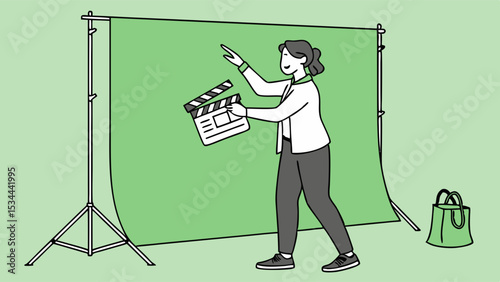 Flat illustration of filmmaker with clapperboard at green screen studio for video production and chroma key filming