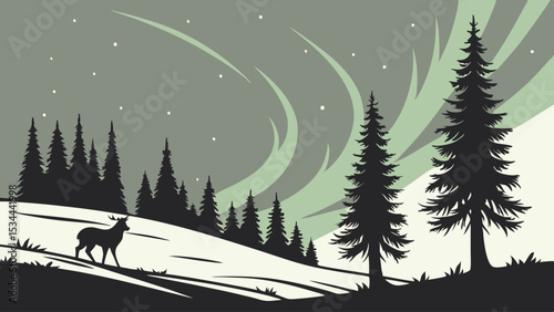 Winter Landscape Silhouette Illustration with Deer, Forest, Snow, Stars, and Northern Lights Aurora Borealis