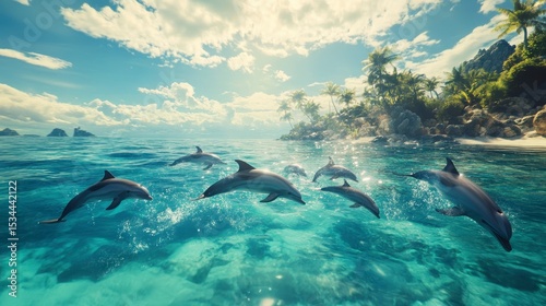 Dolphins leaping and swimming in turquoise ocean near tropical island under sunny sky.
