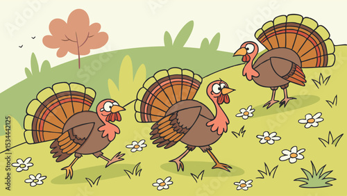 Lively Cartoon Illustration of Three Brown Turkeys with Vibrant Feathers Walking Uphill on a Gentle Grassy Slope with Scattered Flowers and a Stylized Autumn Tree