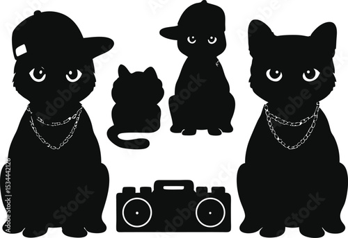 Cool Cats Silhouette with Boombox and Hats Vector Art Illustration