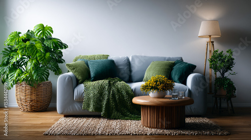 a Scandinavian living room wall mockup with a small round wooden coffee table in front of a light gray sofa, green throw blanket on the sofa, indoor monstera plant in a basket 