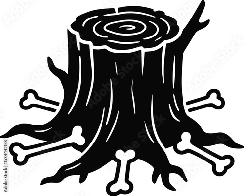 Dark Tree Stump with Bones Illustration Spooky Halloween Graphic