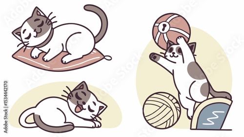 Simple Line Art Cartoon Illustration Set of Cute Cats Sleeping on Pillow Floor Playing with Ball Yarn Laptop