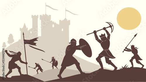 Sepia Silhouette Illustration Medieval Battle Scene Castle Warriors Knights King Spears Shields Axe