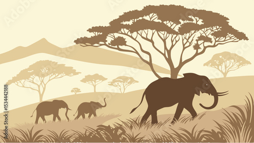 African Savanna Elephants Silhouette Art Wildlife Landscape Illustration Sepia Brown Tones Nature Scene