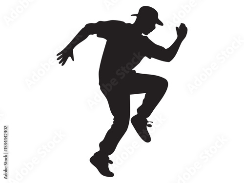 Dynamic black silhouette of man dancing, isolated on white background, graphic illustration. concept of dance, movement, performance, urban culture, creative expression