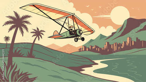 Vintage Illustration of Ultralight Plane Flying Over Tropical River, Palm Trees, Hills, and City Skyline at Sunset