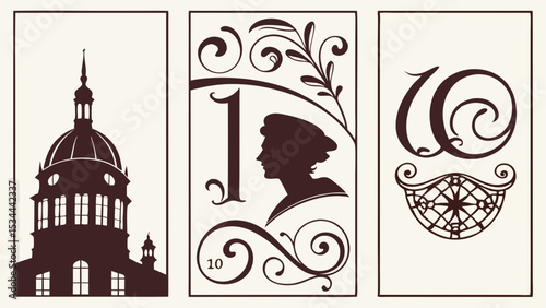 Decorative Vintage Silhouette Art Panels: Capitol Building, Woman Profile, Number 1, Ornate Letter C, Compass Rose