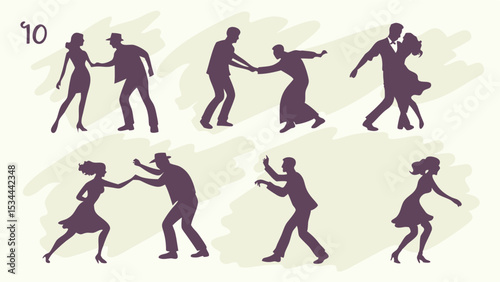 Vintage Retro Dance Silhouettes Collection Featuring Couples and Solo Dancers Poses