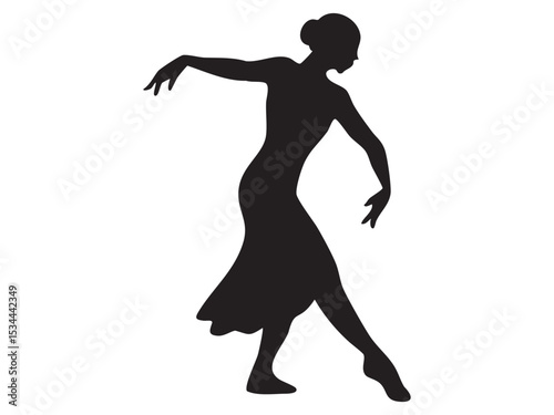 Black silhouette of woman dancing in elegant pose, isolated on white background, graphic illustration. concept of dance, performance, ballerina, artistic expression, icon