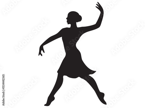 Black silhouette of dancing woman in elegant pose, isolated on white background, graphic illustration. concept of dance, grace, movement, art, figure, ballet