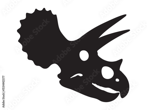 Black silhouette of Triceratops skull with large horns and frill, isolated on white background, graphic illustration. Concept of prehistoric dinosaur skeleton, ceratopsian fossil, design element
