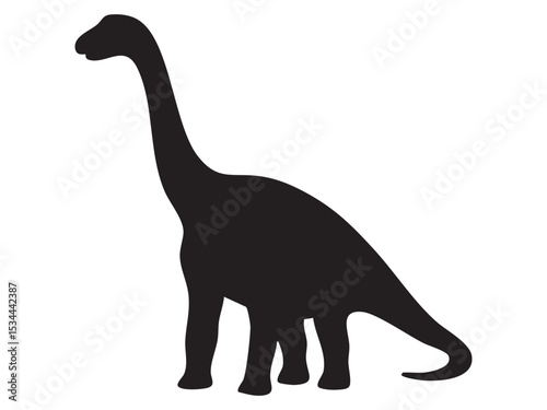Black silhouette of Diplodocus dinosaur with long neck and tail, isolated on white background, graphic illustration. Concept of giant prehistoric herbivore, sauropod species, jurassic animal