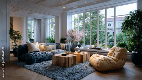 Scandinavian-style living room with plush seating, natural textures, and soft daylight from large windows. 