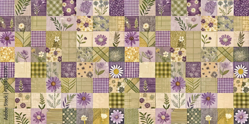 Colorful patchwork pattern featuring floral and checkered designs in purple and green.