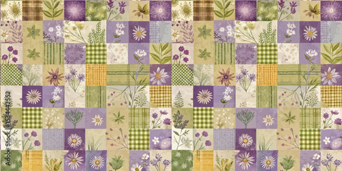 Colorful floral patchwork design in purple and green tones.